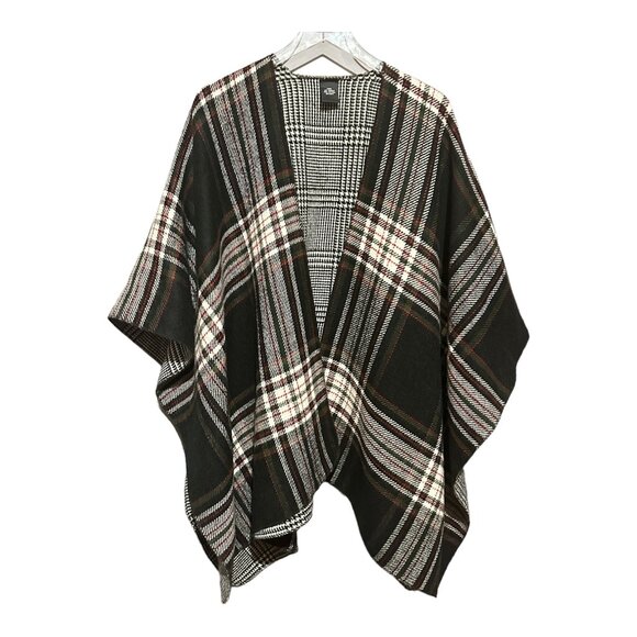 Women’s Twill Plaid Reversible Cape One Size O/S Black Red White Shawl Wrap - Picture 2 of 8